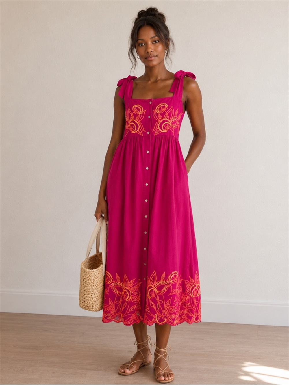 Juliet Dunn London Fuchsia Pink Embroidered Cotton Midi Dress Resort Boho Sz 4/6